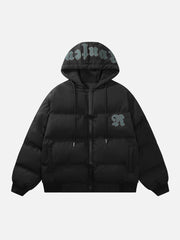 Letter Patch Embroidered Hooded Winter Coat