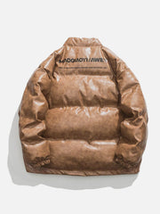 Wintermantel aus glänzendem Leder mit Stehkragen und Buchstabendruck