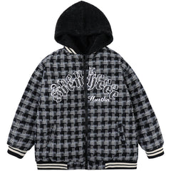 Plaid Patchwork Embroidery Hooded Winter Coat