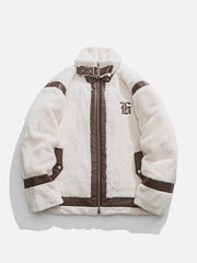 Sherpa-Mantel aus PU-Leder mit Patchwork