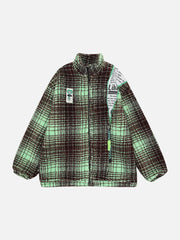 Retro Patchwork Plaid Stand Collar Sherpa Coat