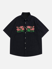 Rose Embroidered Corduroy Short Sleeve Shirts