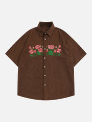Rose Embroidered Corduroy Short Sleeve Shirts