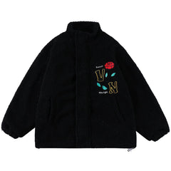 Rose Embroidered Sherpa Winter Coat