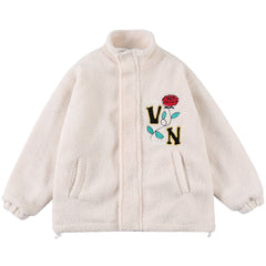 Rose Embroidered Sherpa Winter Coat