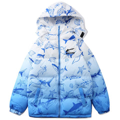 Pufferjacke mit Kapuze und Hai-Volldruck