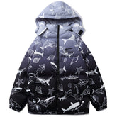 Pufferjacke mit Kapuze und Hai-Volldruck