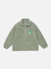 Einfarbiger Sherpa-Wintermantel mit mehreren Taschen und Etikett