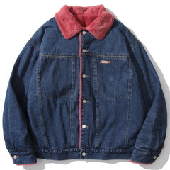 Einfarbiger Wintermantel aus Samt-Denim mit Polokragen