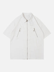Solid Color Zip Up Short Sleeve Shirt