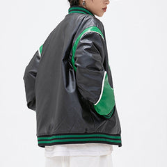 Stitching Letter Print PU Winter Coat