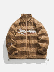 Stripe Flocked Letters Sherpa Coat