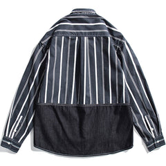 Stripe Splicing Denim Long-sleeved Shirt