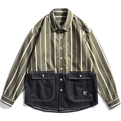 Stripe Splicing Denim Long-sleeved Shirt
