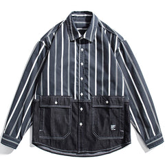 Stripe Splicing Denim Long-sleeved Shirt