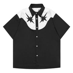 Vintage Stars Embroidery Patchwork Short Sleeve Shirt
