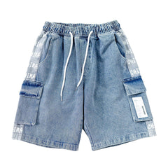 Vintage Stitching Pocket Letter Print Denim Shorts