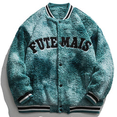 Vintage Tie-dye Letters Embroidery Sherpa Jacket