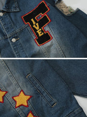 Washed Design Flocking Print Denim Jacket