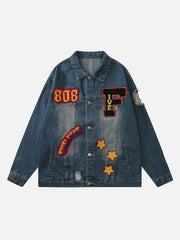 Washed Design Flocking Print Denim Jacket