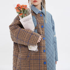 Woolen Plaid Stitching Winter Coat