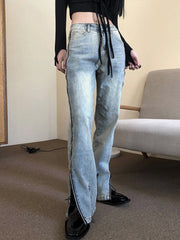 ZIP UP Patchwork High Rise Straight Leg Jeans