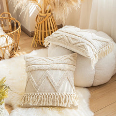 Housse de coussin capitonnée beige style bohème