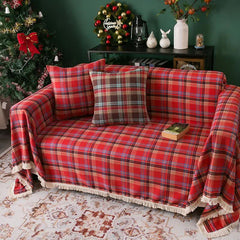 Classic Red Plaid Tassel Sofa Protector