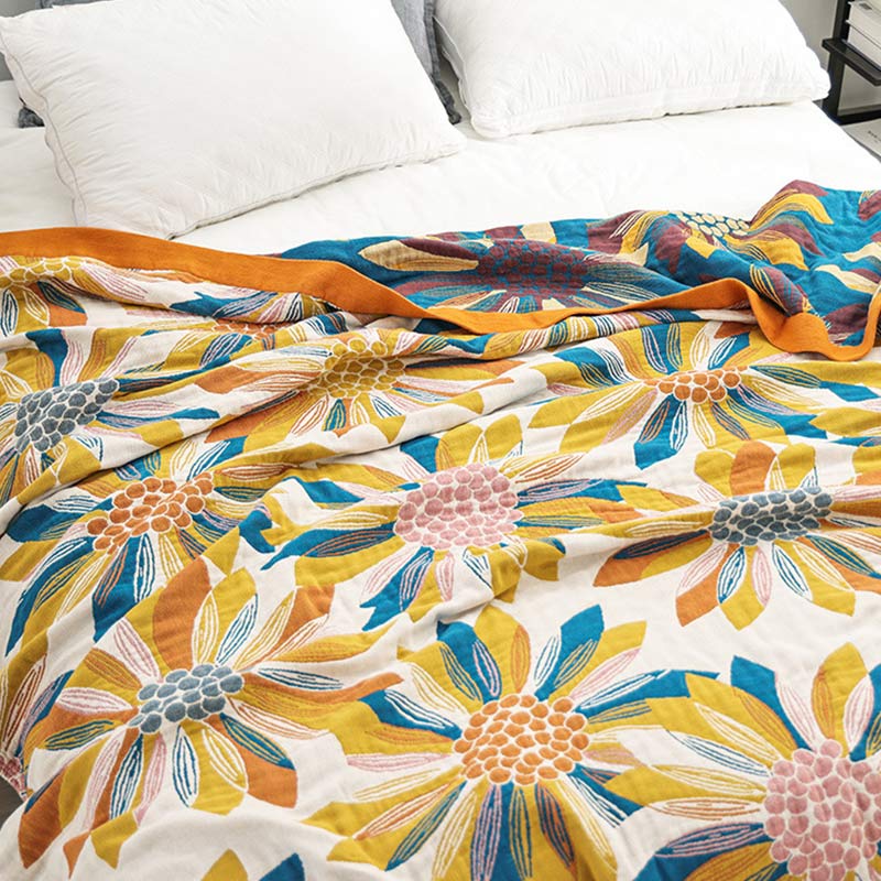Yellow Flower Print Cotton Reversible Quilt