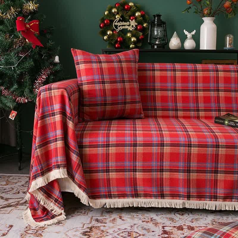 Classic Red Plaid Tassel Sofa Protector
