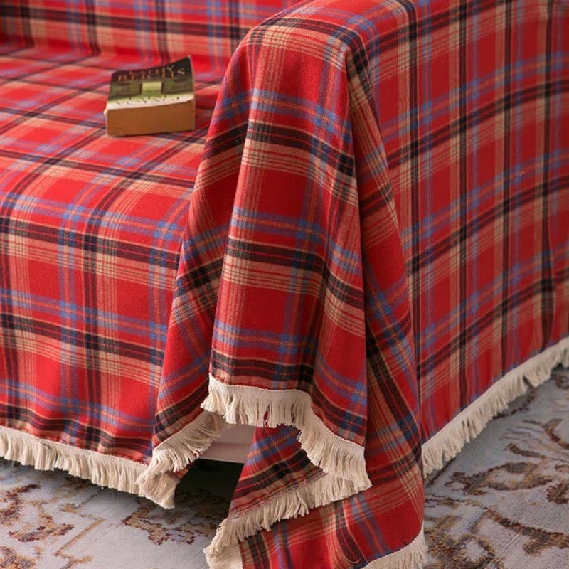 Classic Red Plaid Tassel Sofa Protector