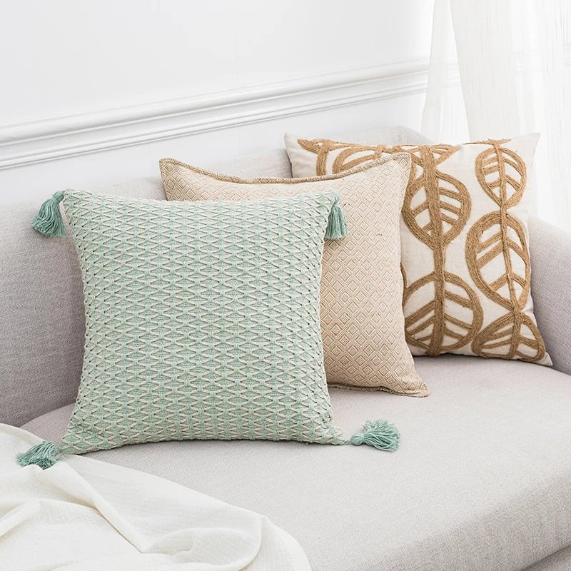 Linen Leaves Embroidery Cushion Covers