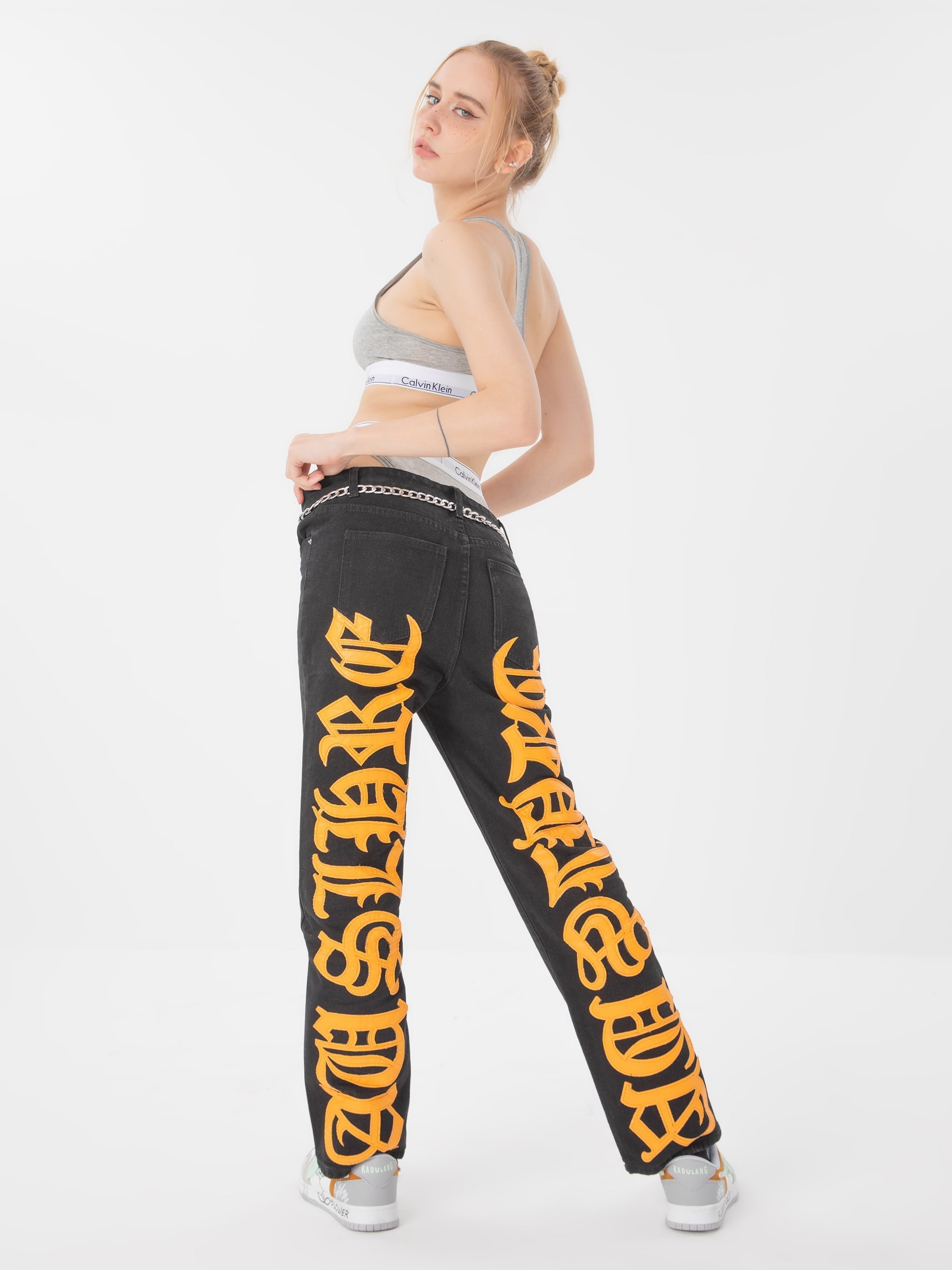 American High Street Burning Text Embroidered Letters Jeans -1478