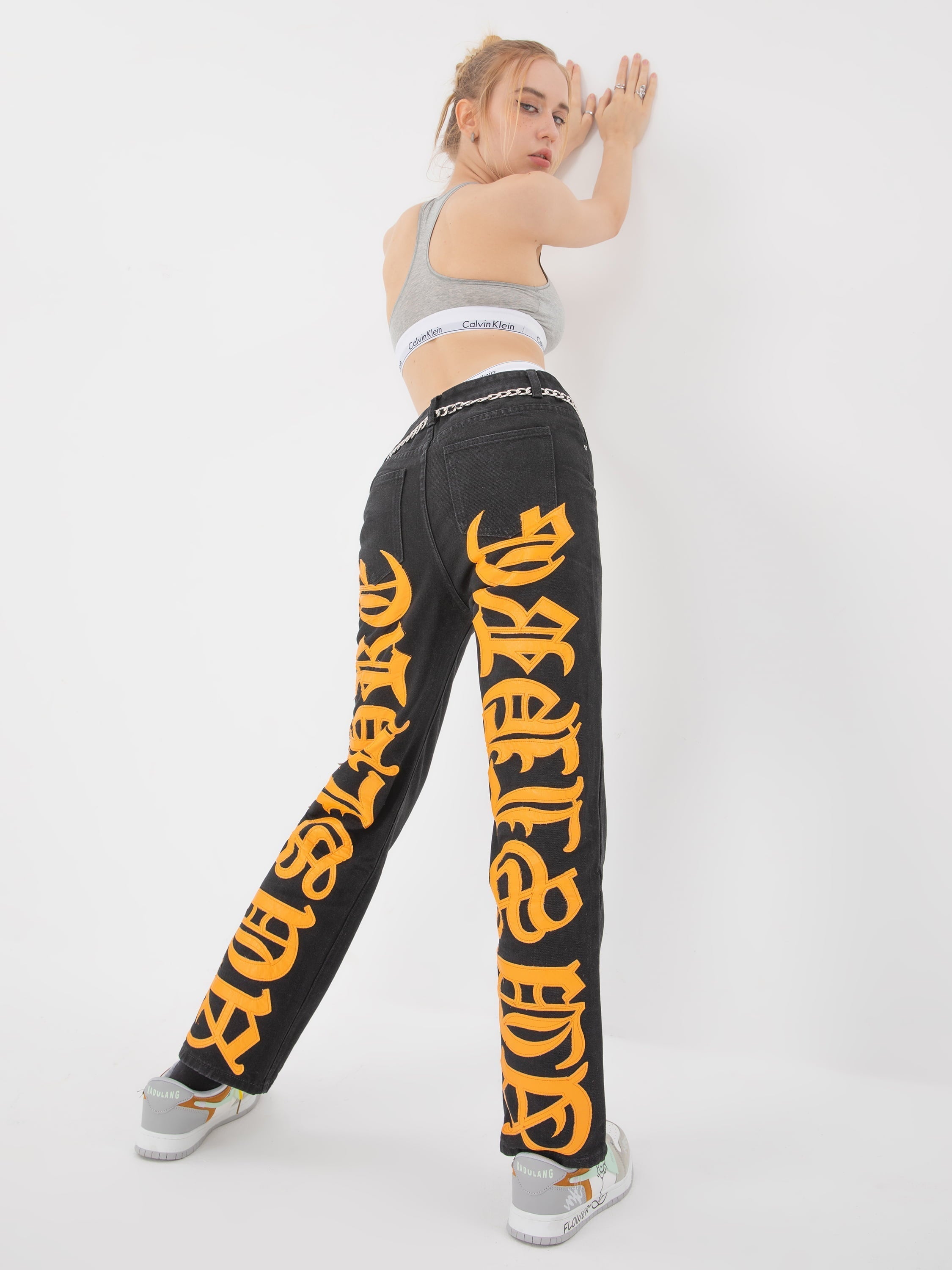 American High Street Burning Text Embroidered Letters Jeans -1478