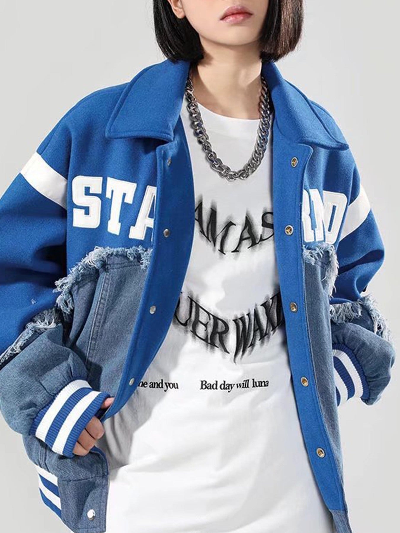 American High Street Denim Fabric Splicing Baseball Jacket -1445