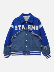 American High Street Denim Fabric Splicing Baseball Jacket -1445