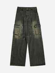 American Retro Multi-pocket Workwear Washed Jeans