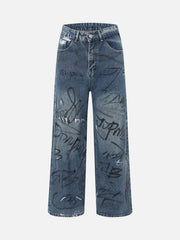 American Street Fashion Fun Graffiti Washed Distressed Jeans