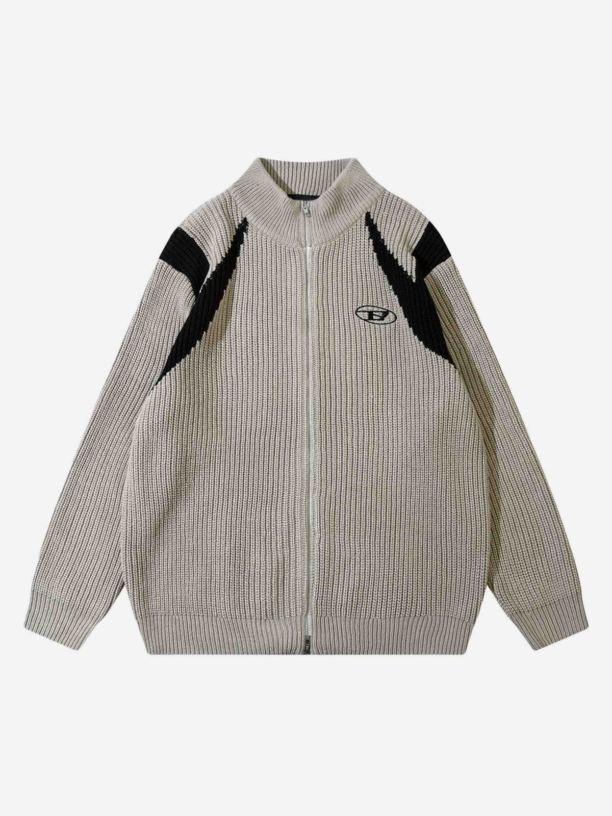 Strickjacke im amerikanischen Stil mit Farbblockierung und Reißverschluss, locker gestrickt-1509 
