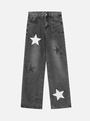 American Vintage Five-pointed Star Patch Embroidered Jeans Loose Straight-legged Pants -1439