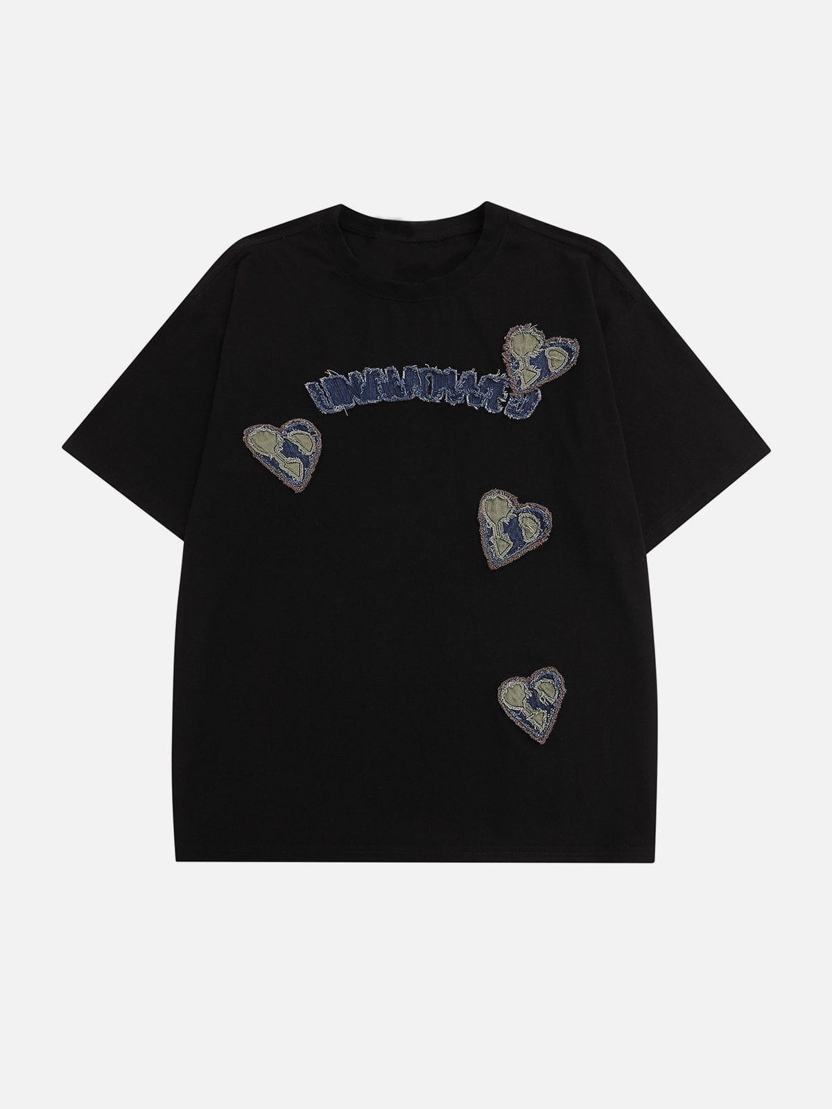 Applique Embroidery Denim Heart Elements Tee