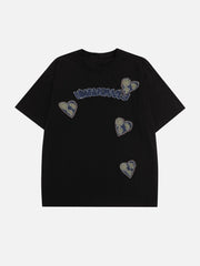 Applique Embroidery Denim Heart Elements Tee