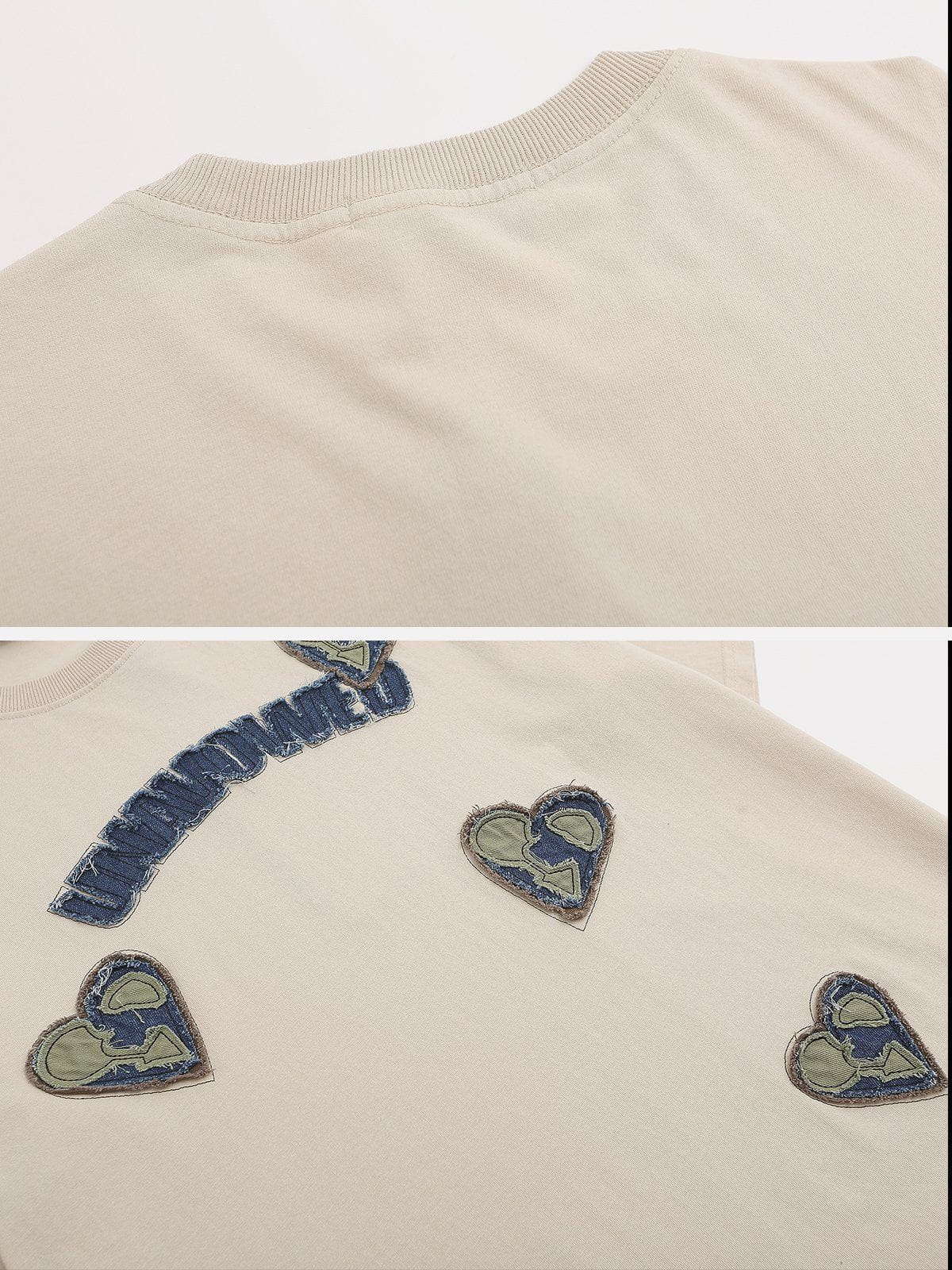 Applique Embroidery Denim Heart Elements Tee