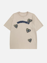 Applique Embroidery Denim Heart Elements Tee