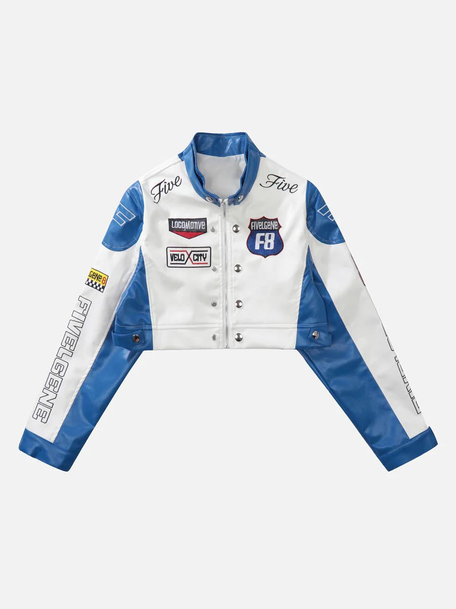 Badge Short PU Leather Racing Jacket - 1631