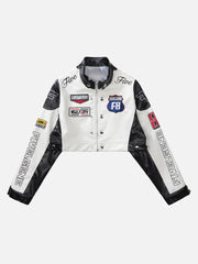 Badge Short PU Leather Racing Jacket - 1631