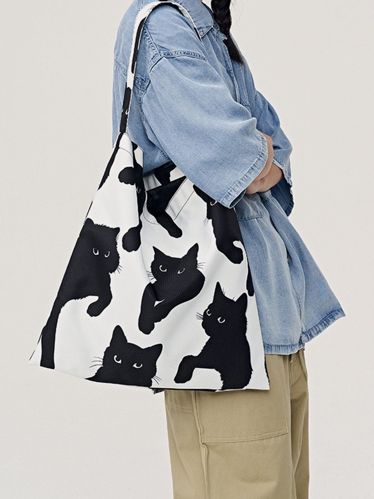 Cat Print Canvas Shoulder Bag