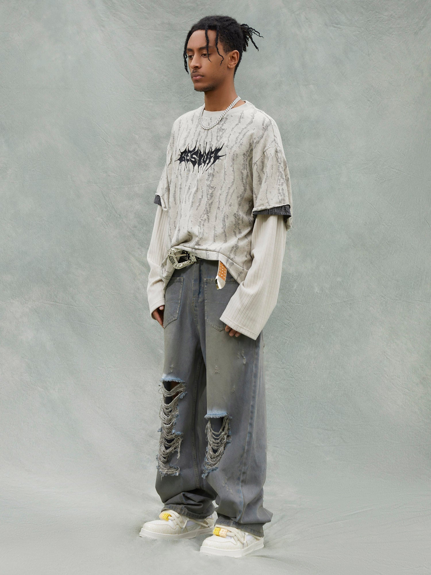 Faux t-shirt en laine texturé vieilli deux pièces 