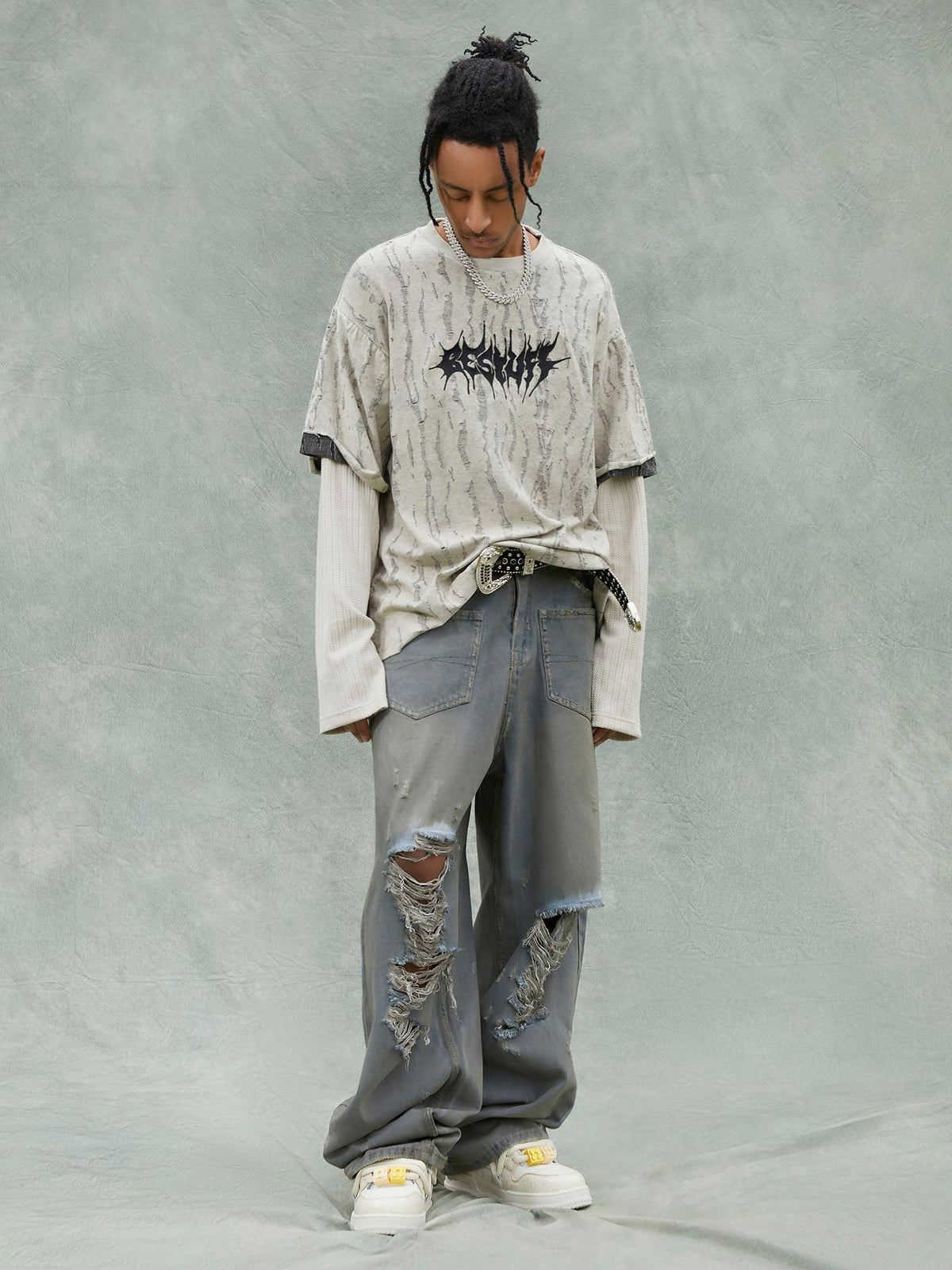 Faux t-shirt en laine texturé vieilli deux pièces 