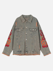 Flame Denim Embroidered Burlap Jacket - 1543